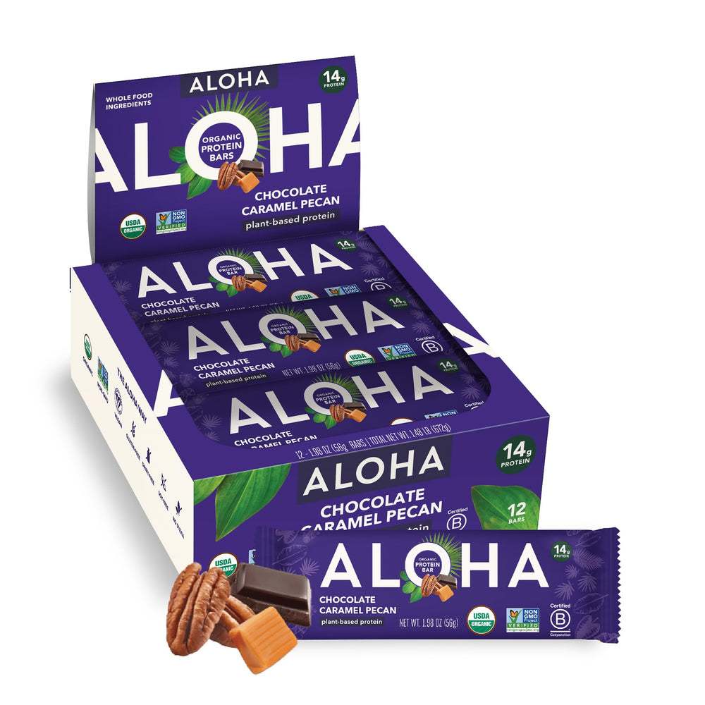 ALOHA Chocolate Caramel Pecan bar in a box, convenient plant-based snack for on-the-go energy.