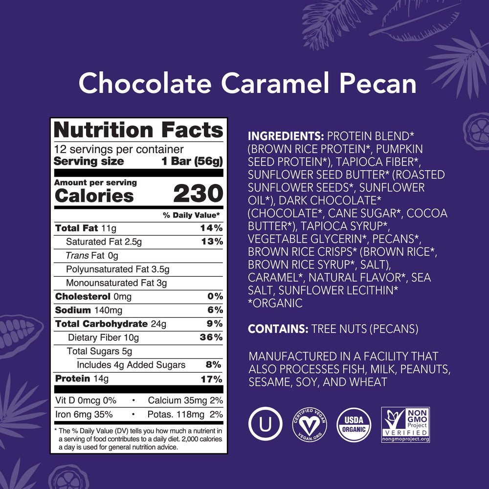 ALOHA Chocolate Caramel Pecan bar closeup highlighting caramel and pecans for post-workout energy.