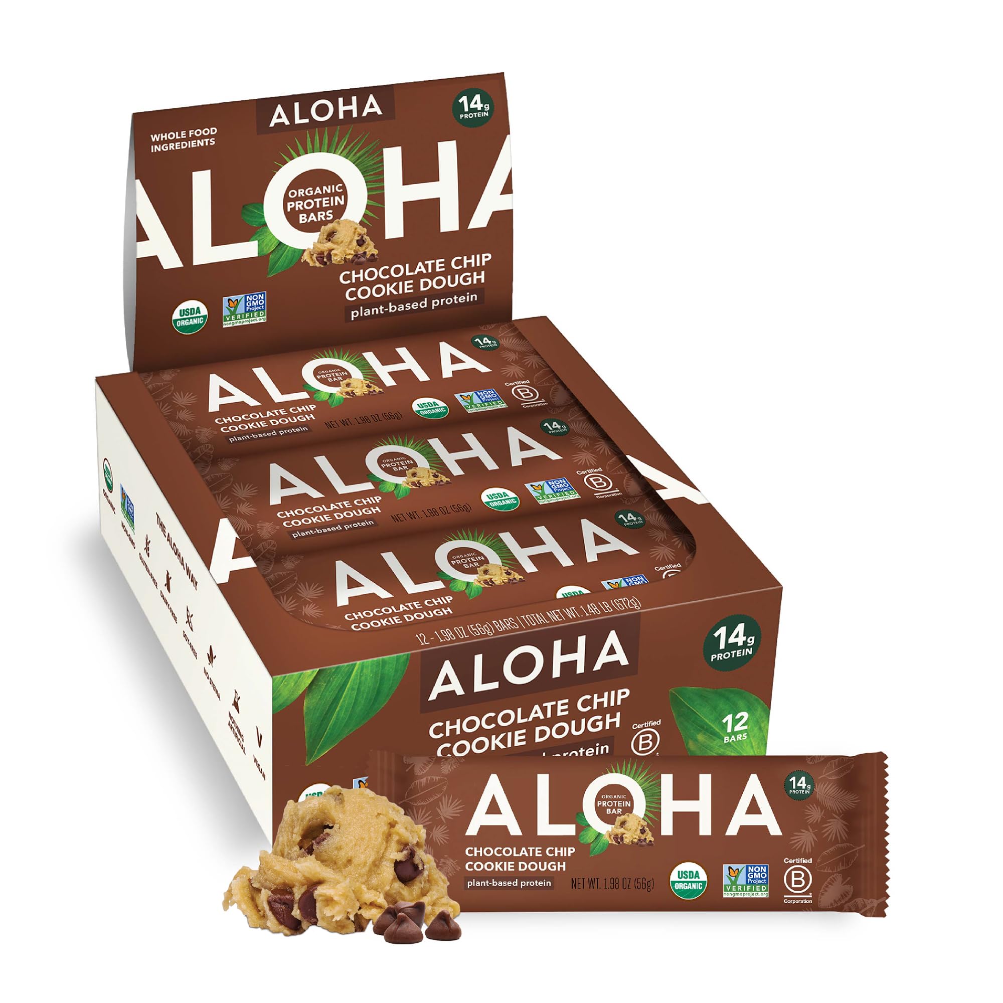 ALOHA Chocolate Chip Cookie Dough bar front view, protein-packed on-the-go snack.