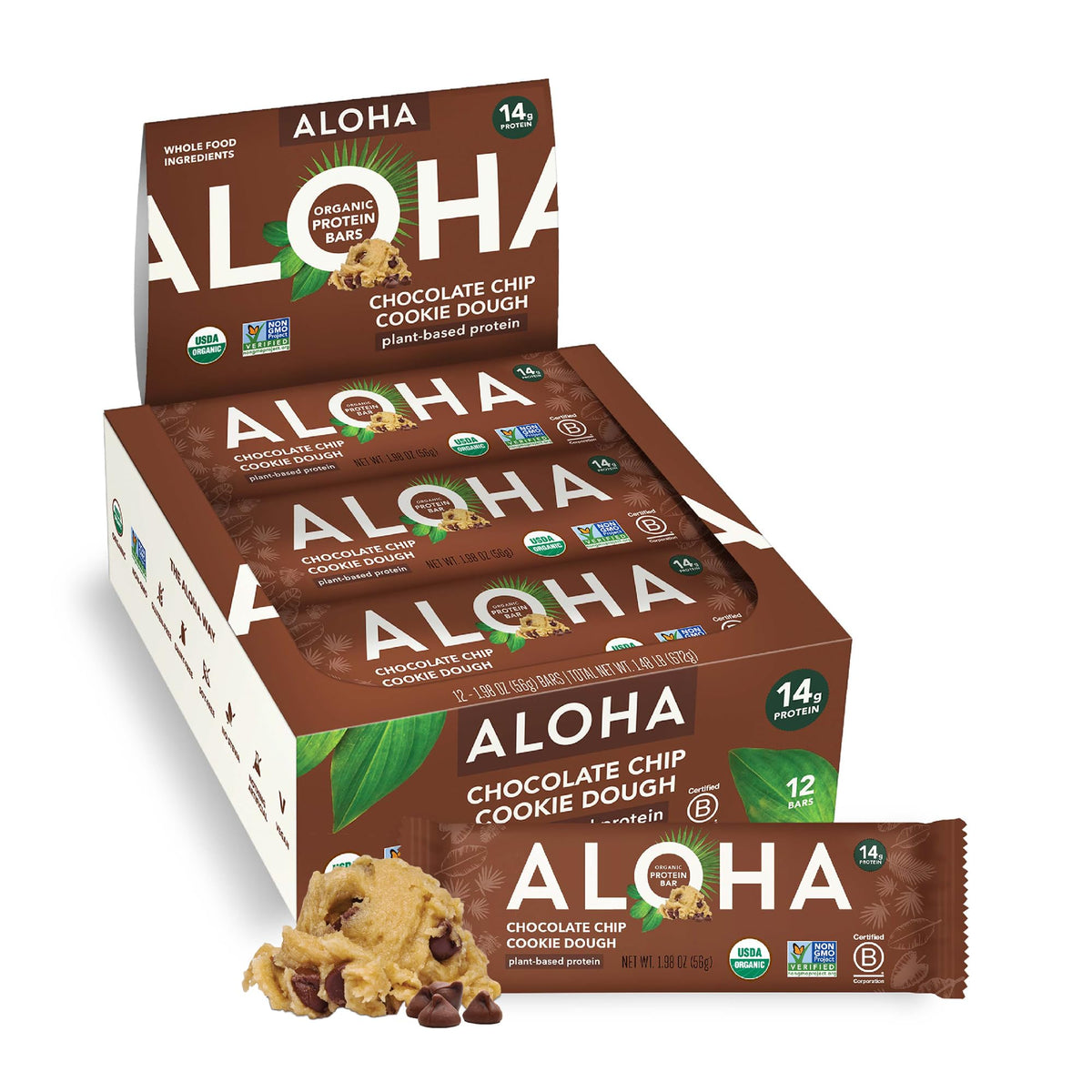 ALOHA Chocolate Chip Cookie Dough bar front view, protein-packed on-the-go snack.