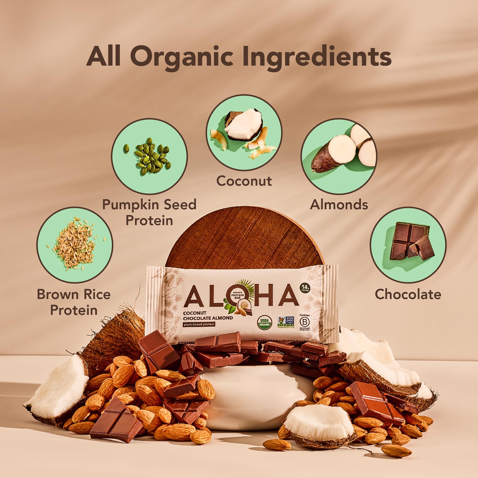 Real organic chocolate chips, coconut and almonds in an ALOHA bar