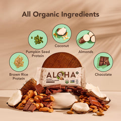 Real organic chocolate chips, coconut and almonds in an ALOHA bar