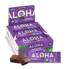 ALOHA Chocolate Fudge Brownie bar close-up showing organic ingredients for a clean energy boost.