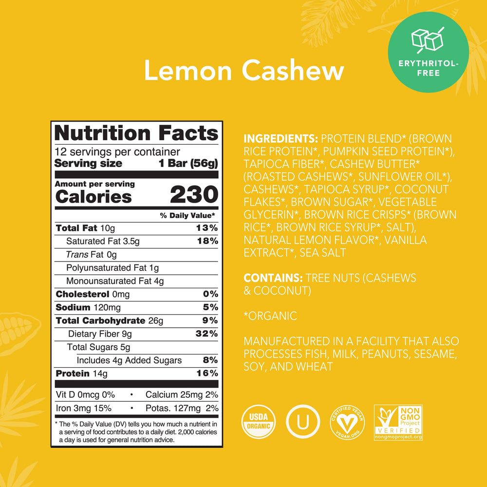 ALOHA Lemon Cashew bars close-up highlighting zesty lemon flavor.