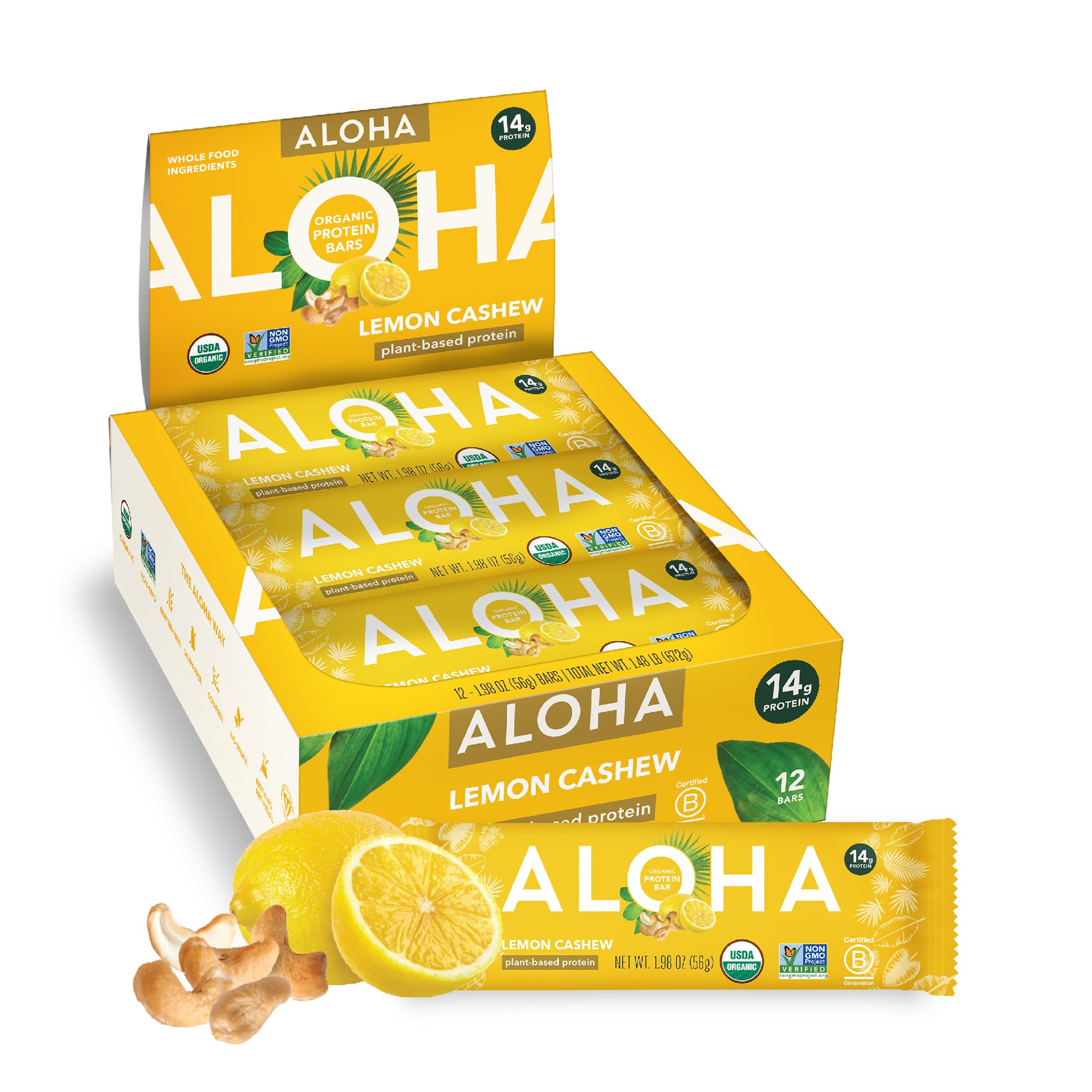 ALOHA Lemon Cashew box 12-count ready for a protein-packed snack.