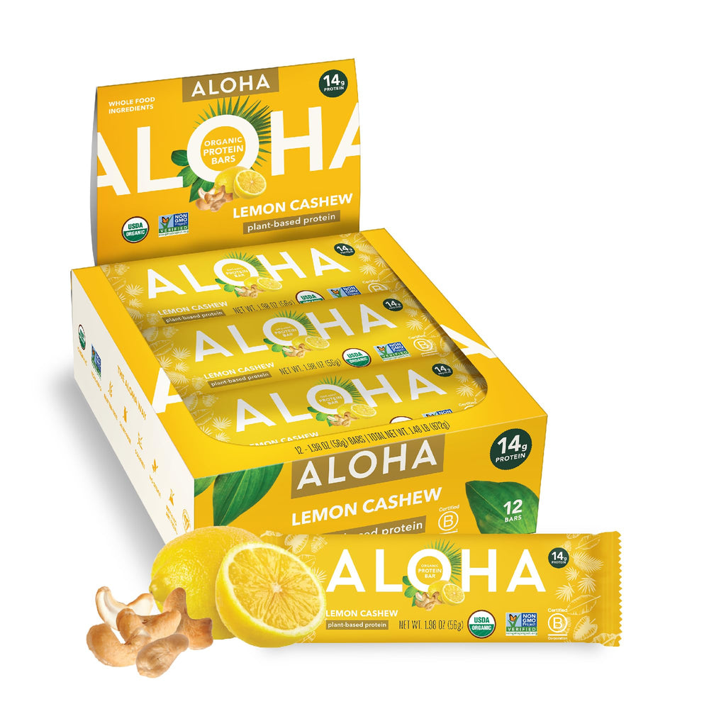 ALOHA Lemon Cashew box 12-count ready for a protein-packed snack.