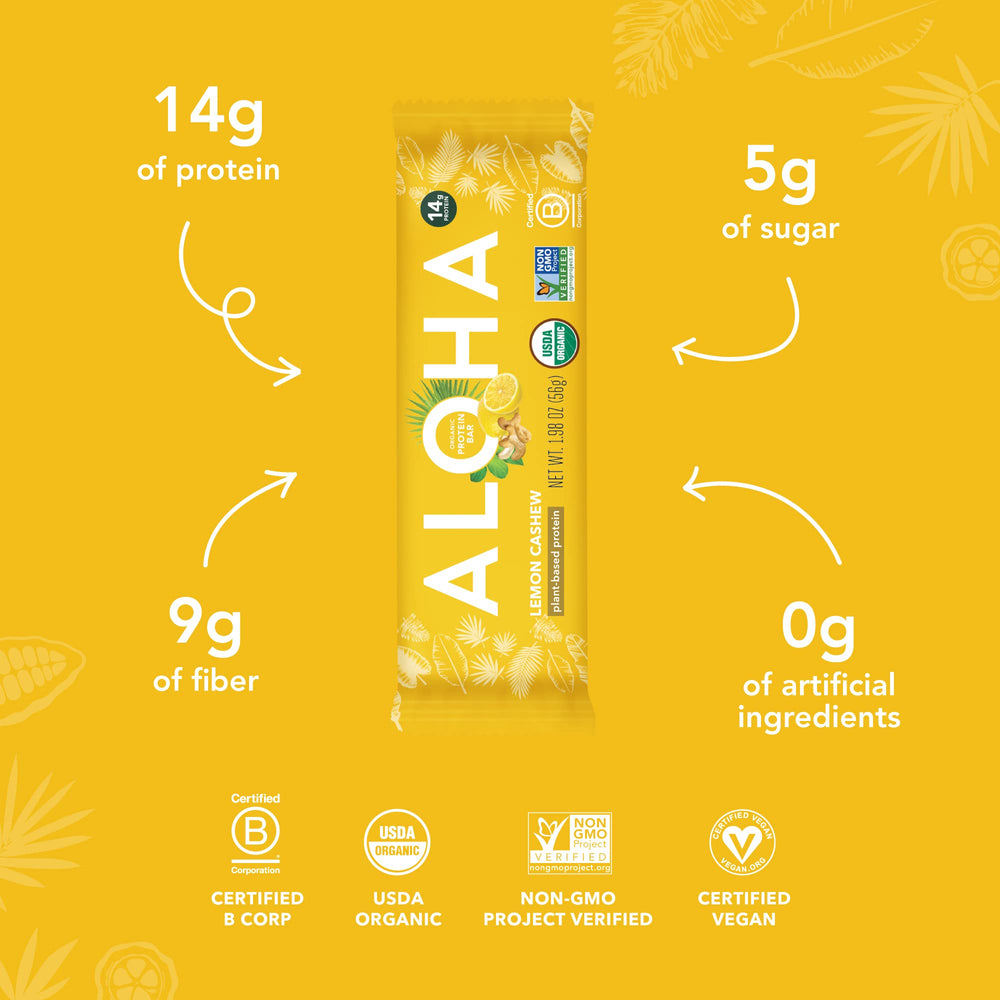 ALOHA Lemon Cashew ingredients emphasize real, whole-food plant-based protein.