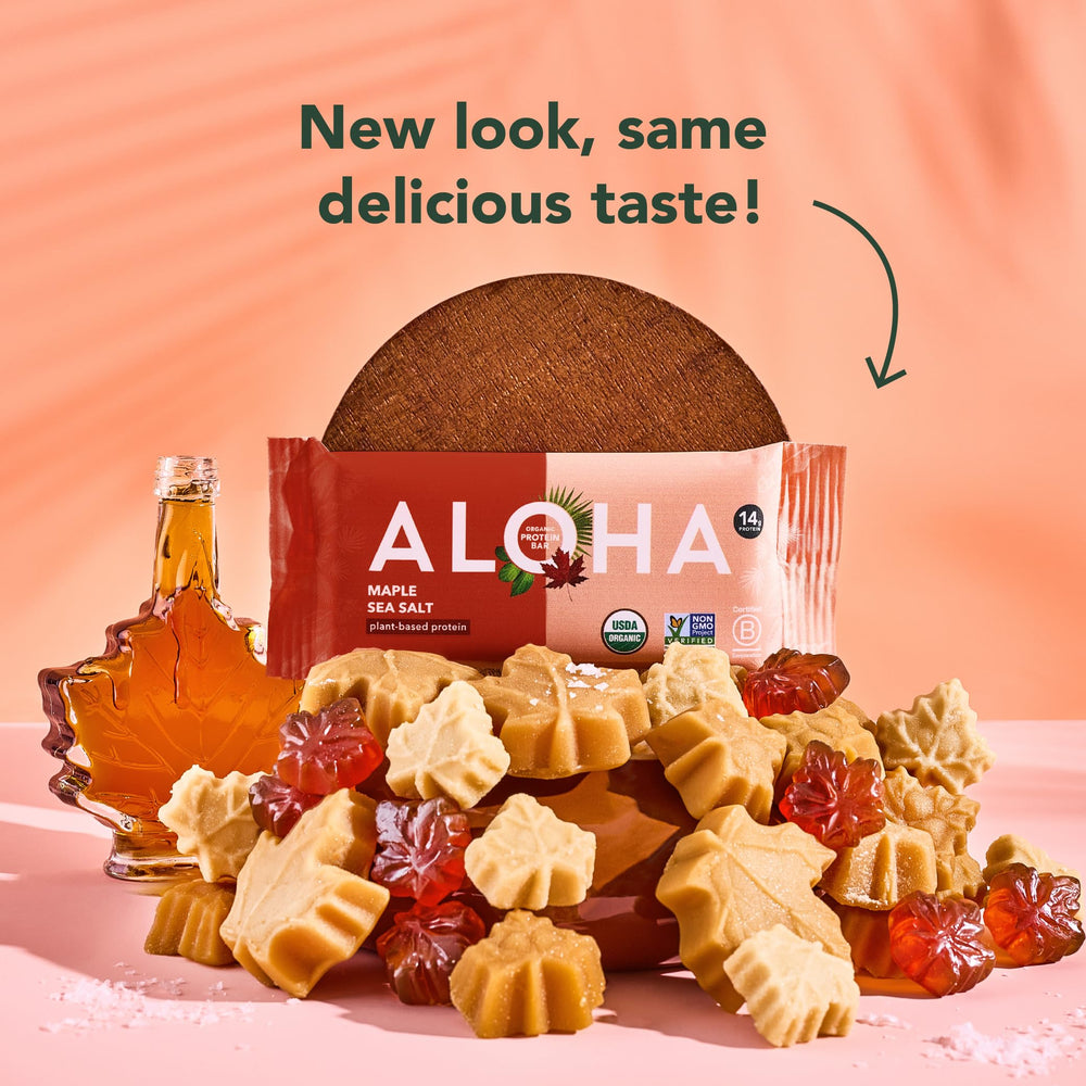 ALOHA Maple Sea Salt Bar ingredients shot with organic pumpkin seed and brown rice proteins.