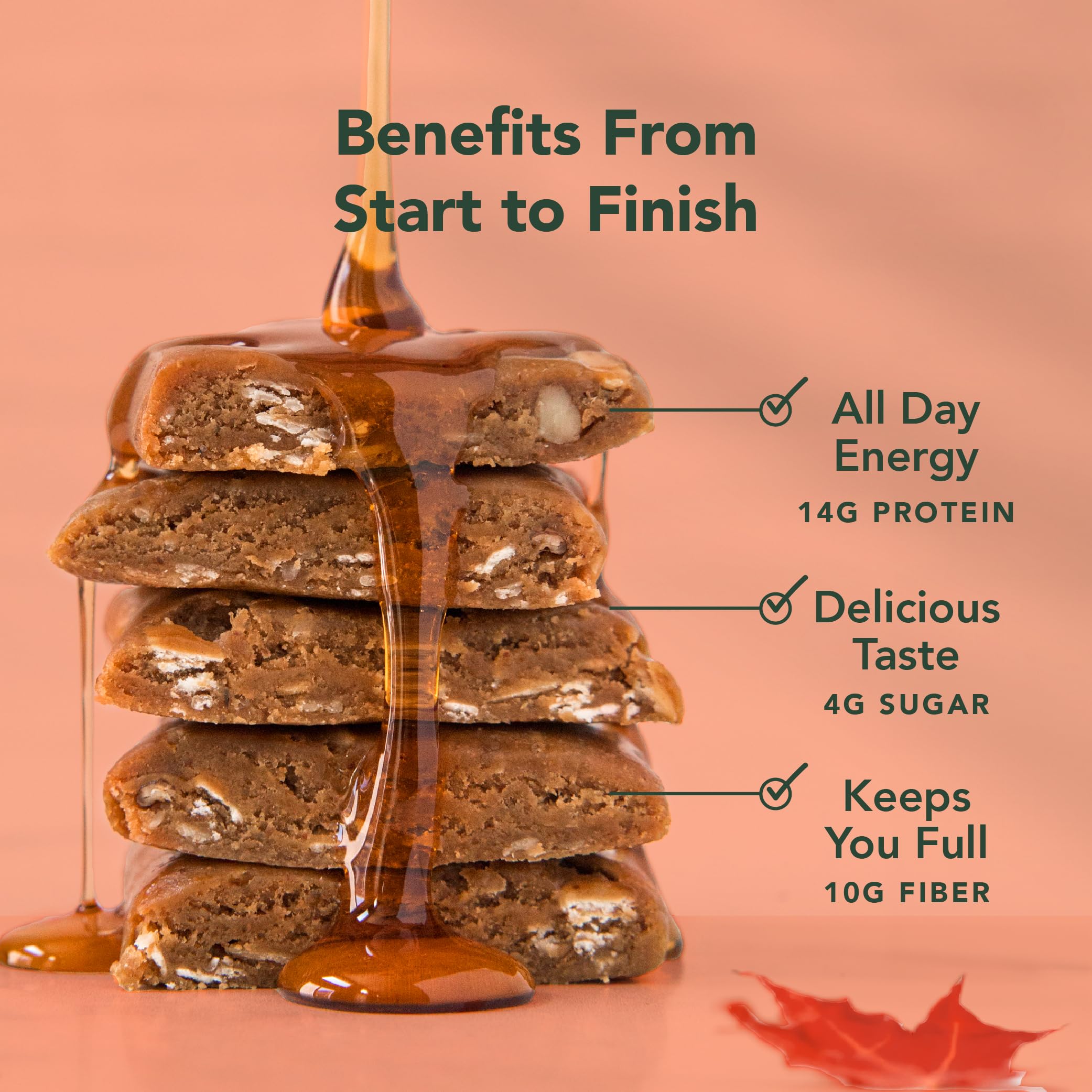 ALOHA Maple Sea Salt Bar nutrition panel displaying 14g protein and 5g sugar.