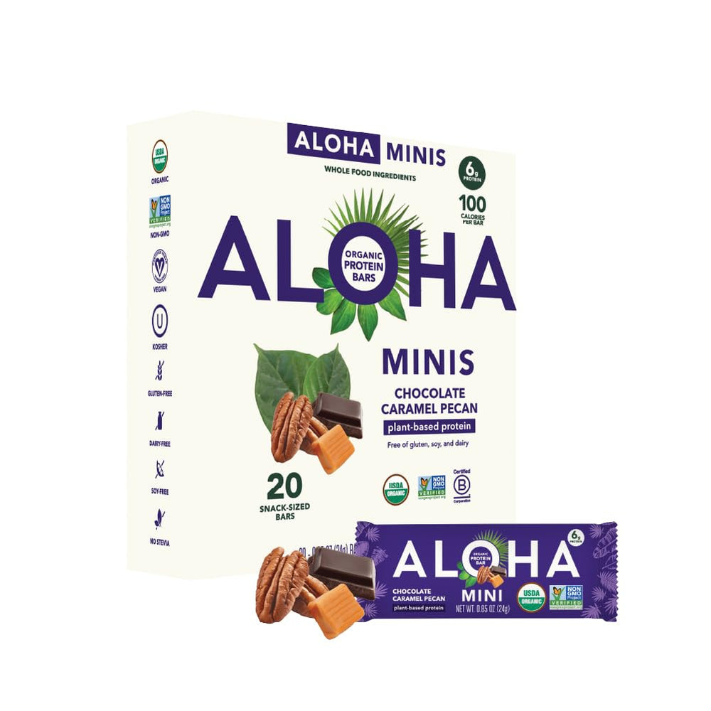 ALOHA Minis Caramel Chocolate Pecan bar packaging for on-the-go snacking.