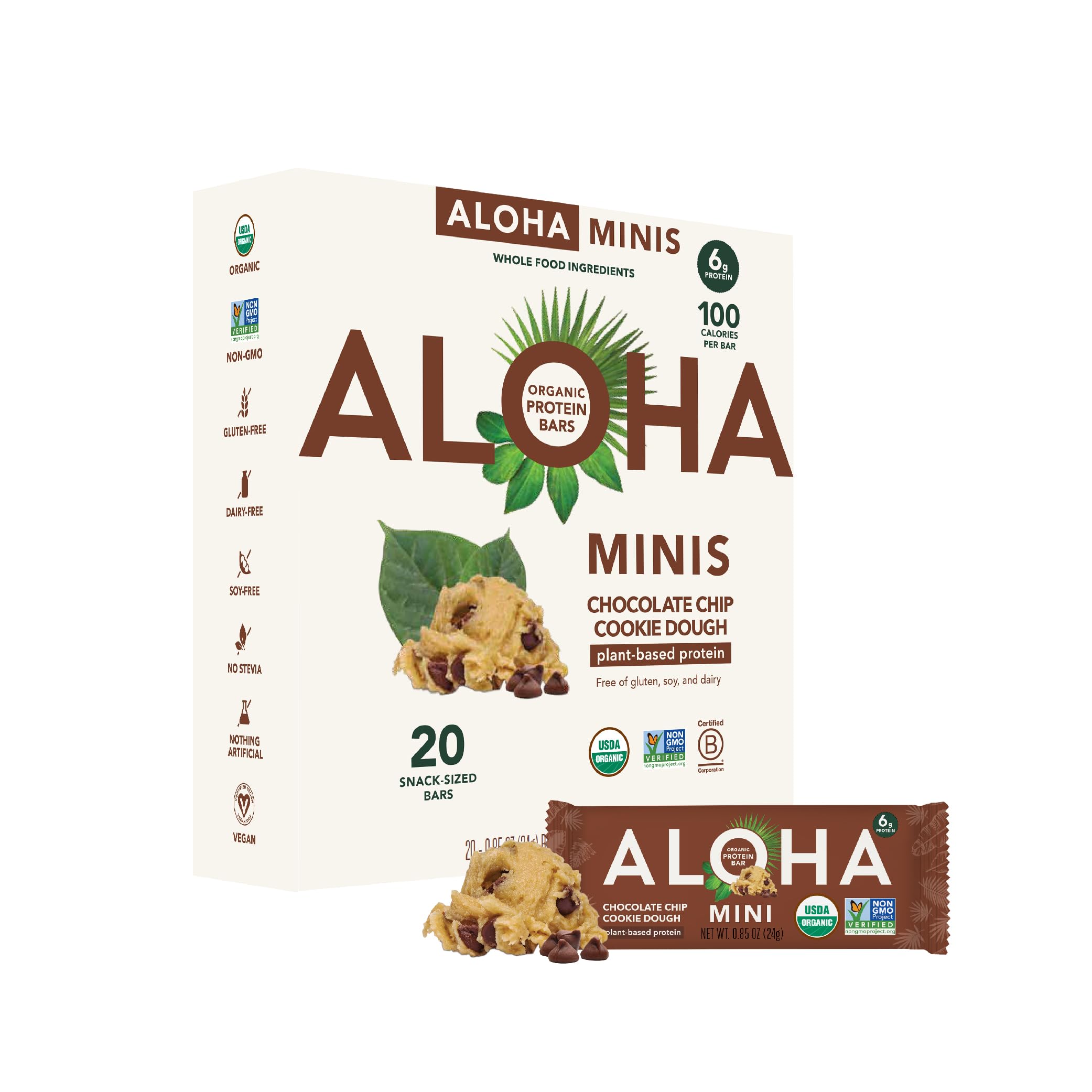 ALOHA Minis chocolate chip cookie dough bar packaging, tasty on-the-go protein support