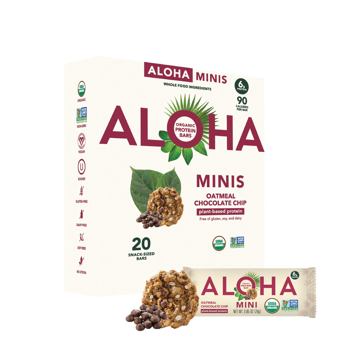 ALOHA Minis Oatmeal Chocolate Chip bar packaging highlights gluten-free oats for on-the-go protein