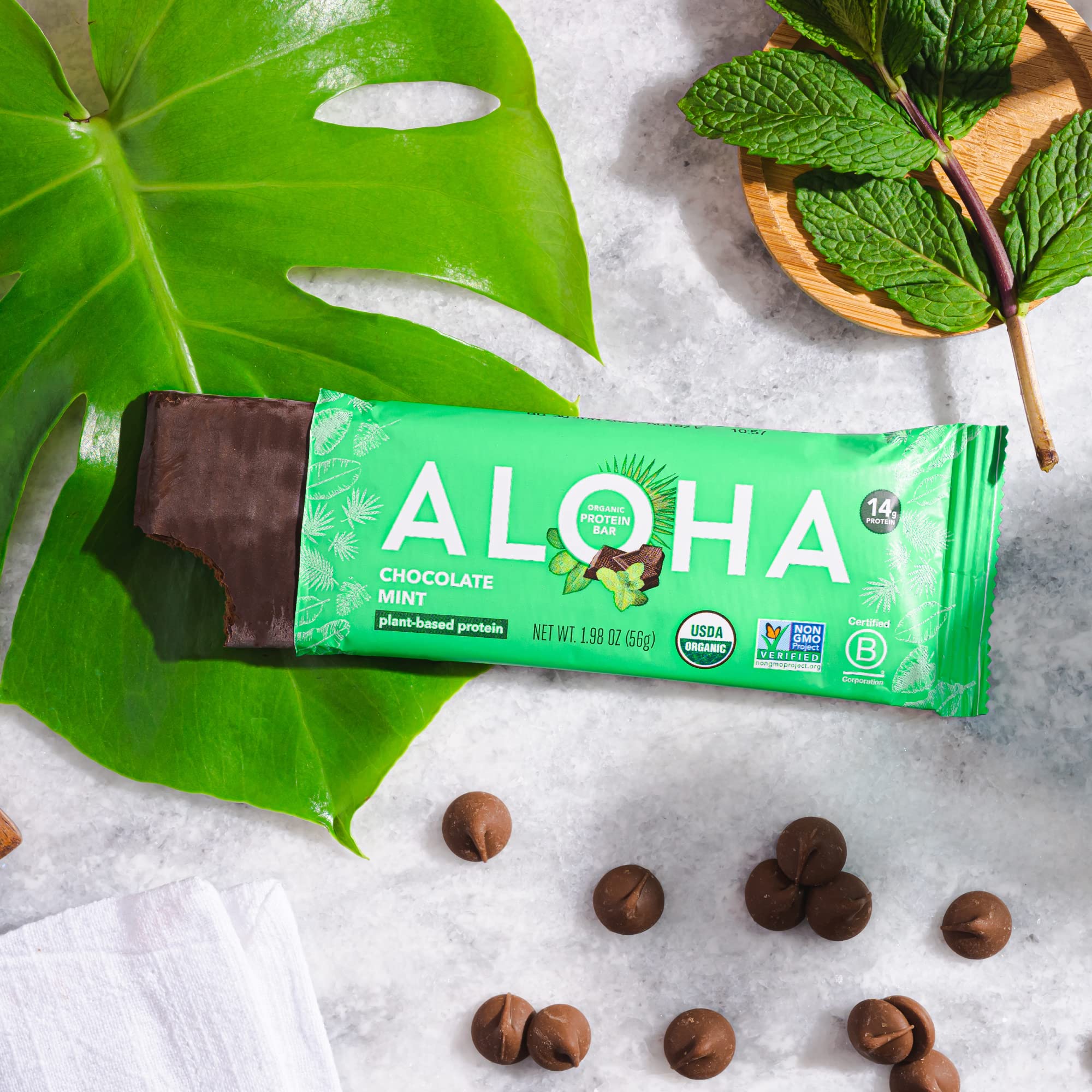 Organic dark chocolate and peppermint oil topping the bar.