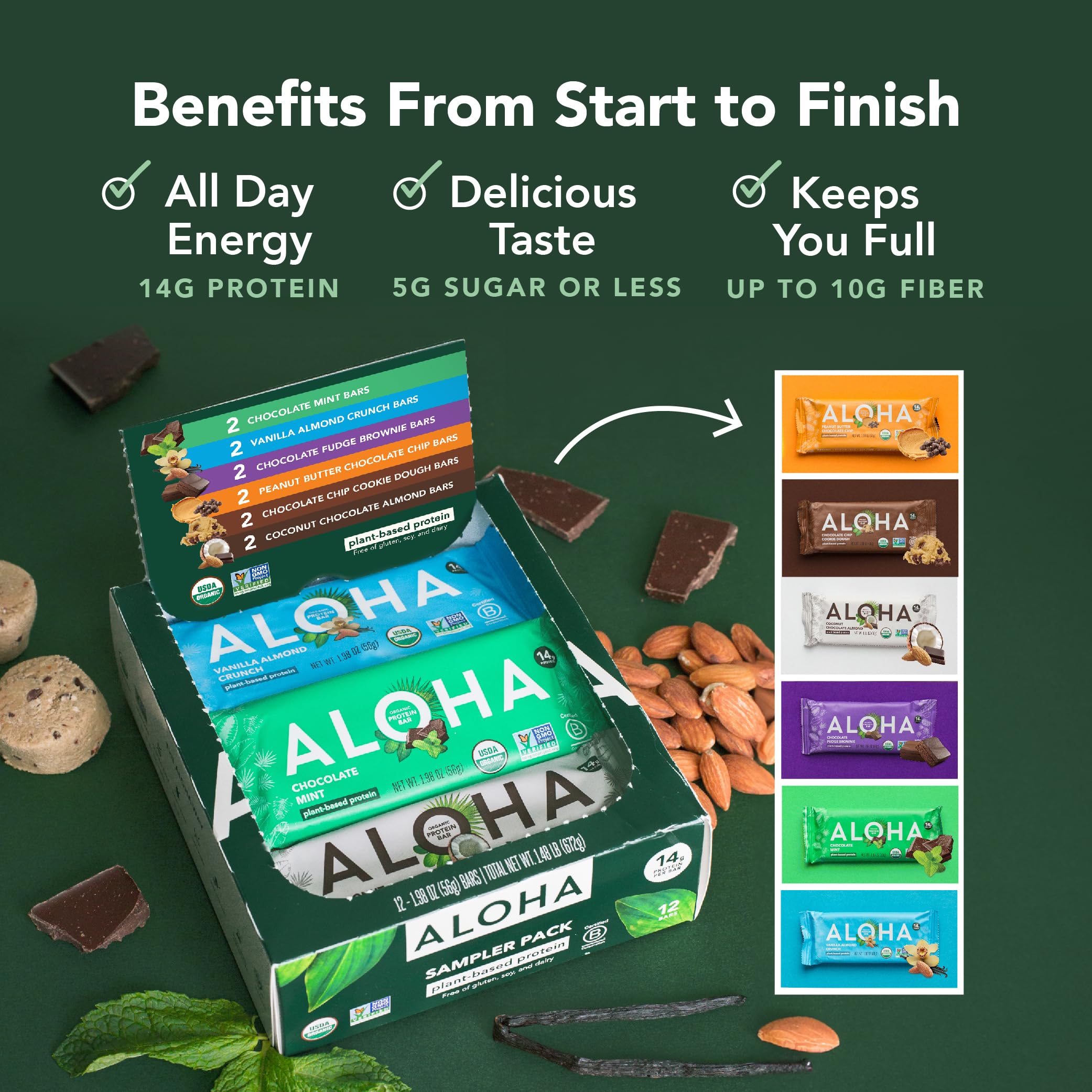 ALOHA organic ingredients scene featuring brown rice and pumpkin seeds.