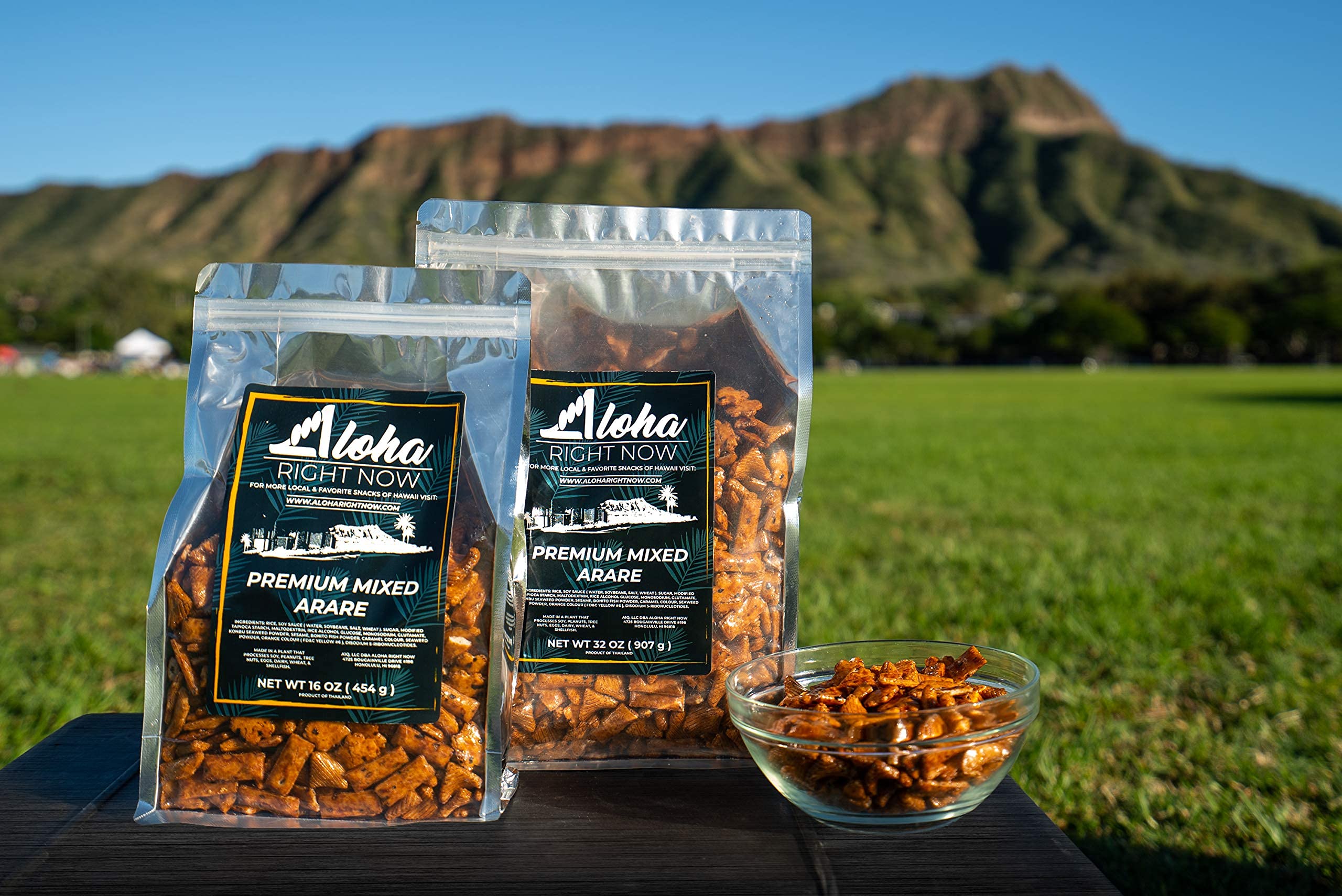 Aloha Right Now Arare rice crackers family-owned USA packed.