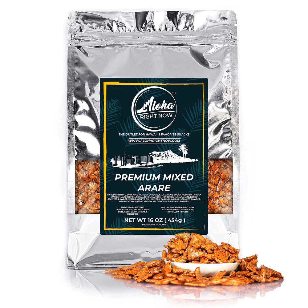 Aloha Right Now Arare rice crackers in mixed shapes for versatile snacking.