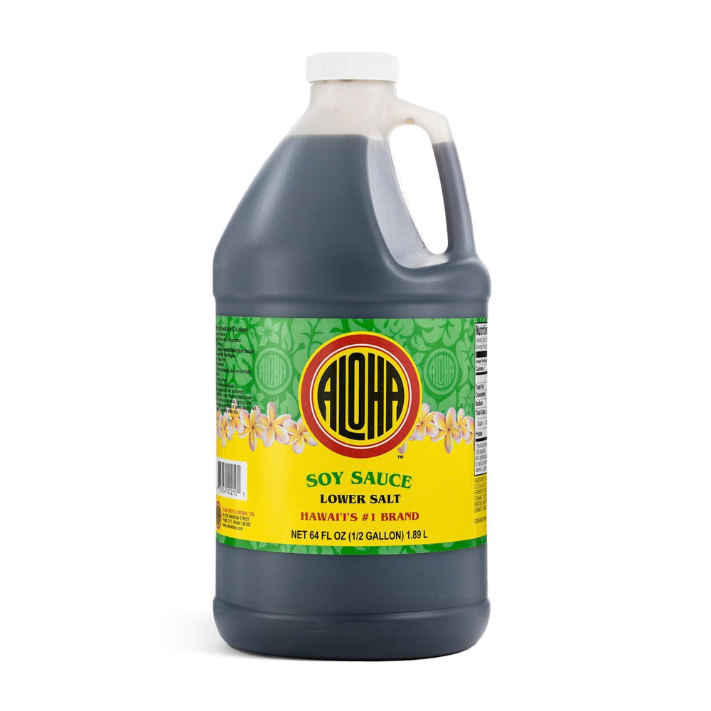 Aloha Shoyu Lower Salt bottle pouring to add bold flavor with reduced sodium.