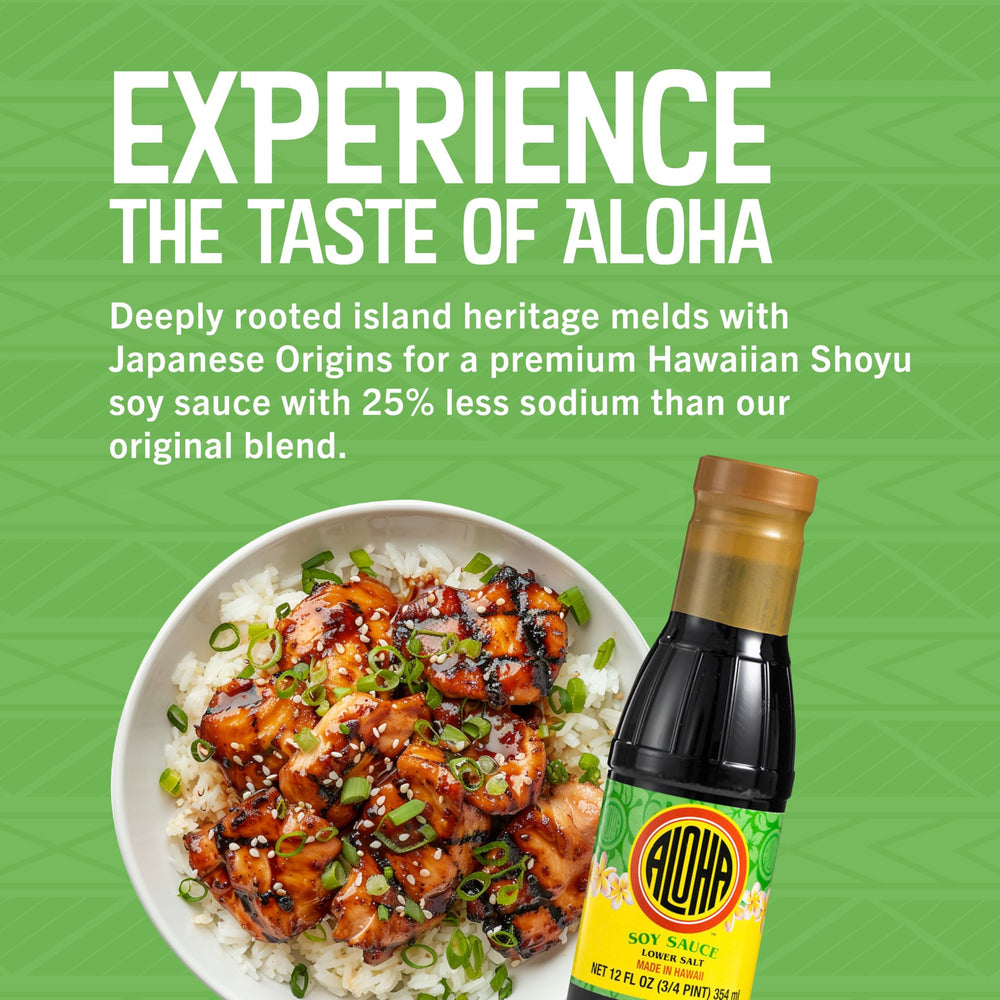 Aloha Shoyu Lower Salt label highlighting heritage and island-inspired craftsmanship.