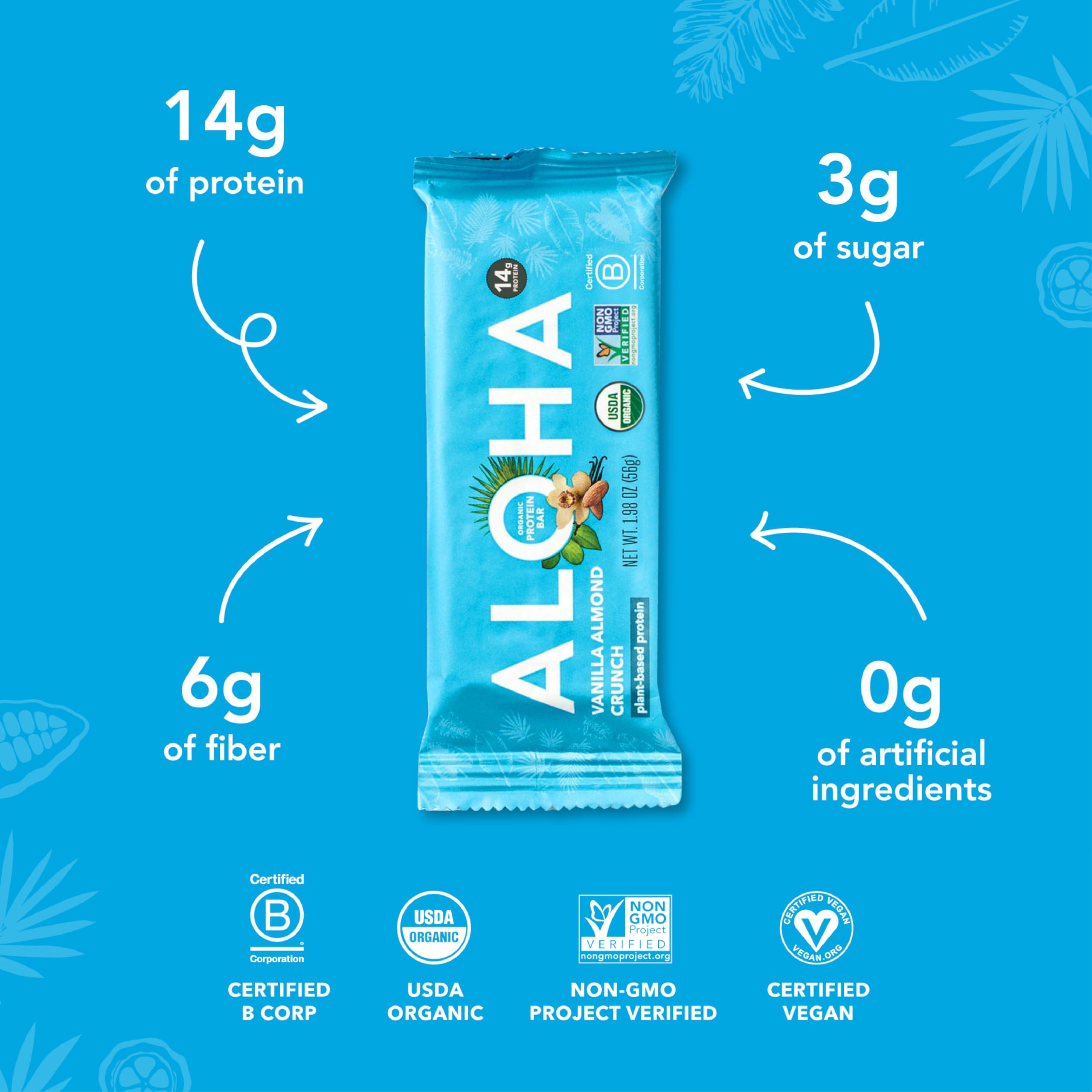 ALOHA Vanilla Almond Crunch bar ingredients close-up emphasizes whole-food ingredients.