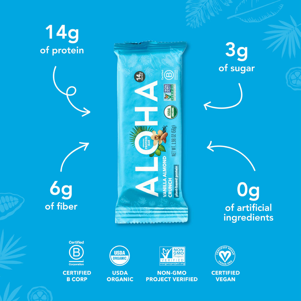 ALOHA Vanilla Almond Crunch bar ingredients close-up emphasizes whole-food ingredients.
