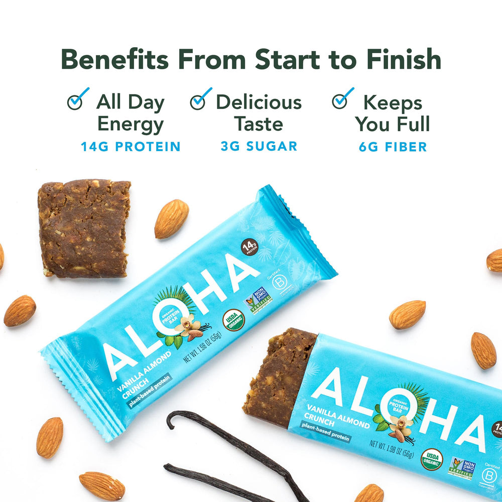 ALOHA Vanilla Almond Crunch bar kitchen-counter image ready-to-eat snack on counter.
