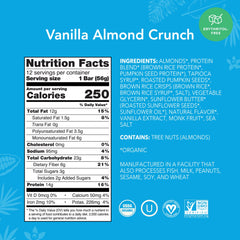 ALOHA Vanilla Almond Crunch bar pack-back image highlights nutrition and on-the-go fuel.