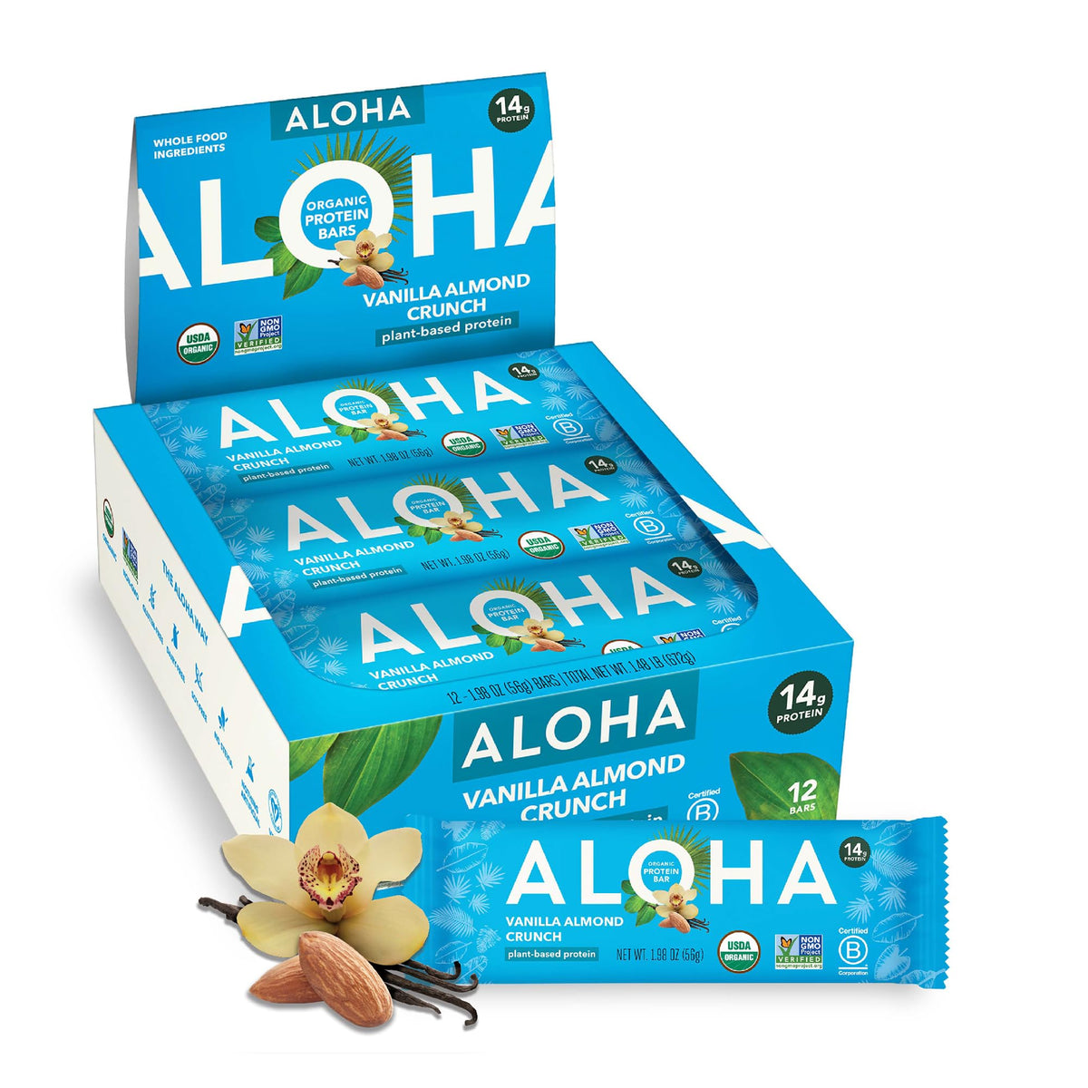 ALOHA Vanilla Almond Crunch bar pack-front image shows a convenient protein snack.