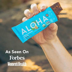 ALOHA Vanilla Almond Crunch bar texture close-up reveals chewy, nutty crunch.