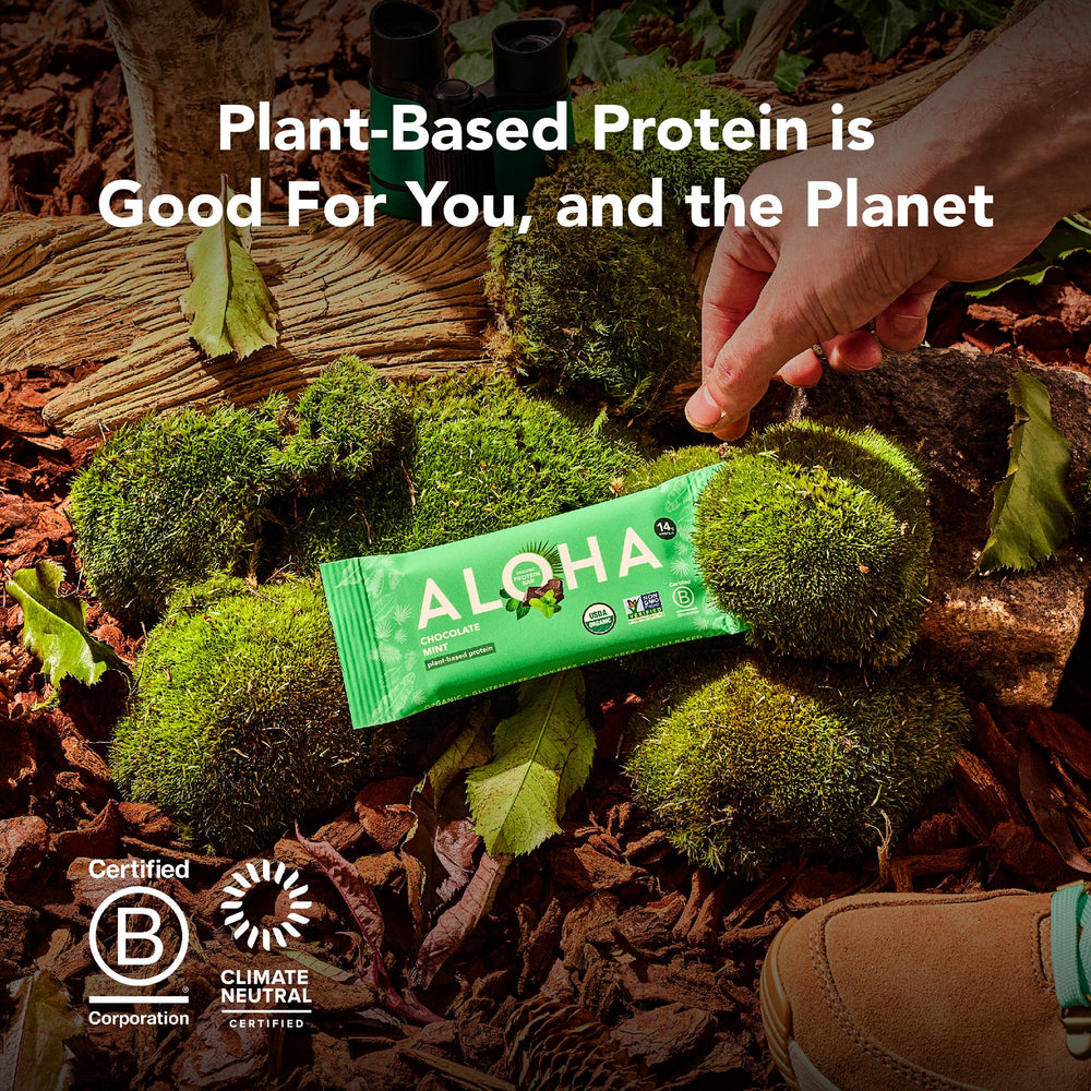 ALOHA Vanilla Almond Crunch bar workout shot communicates energy for exercise.