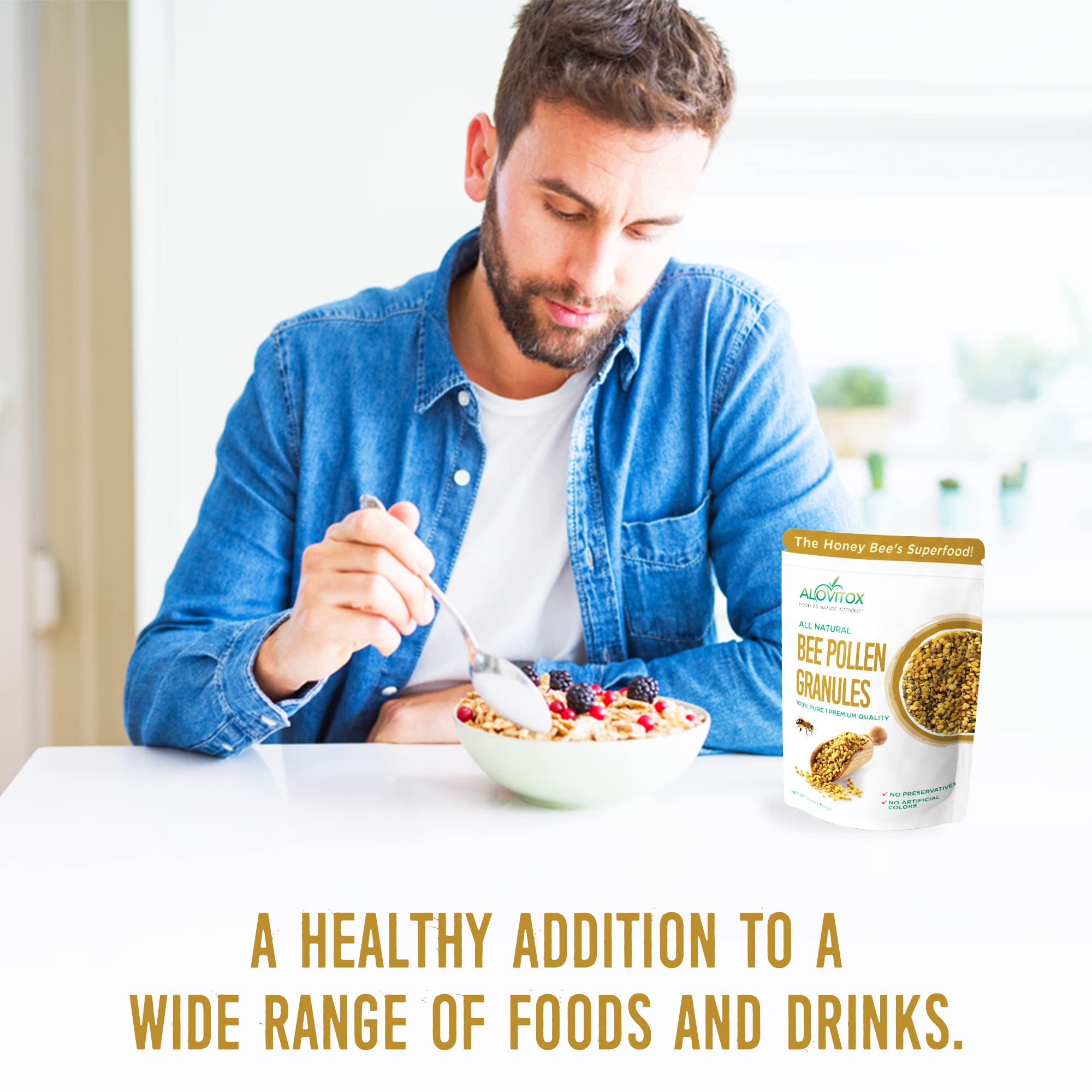 Alovitox Bee Pollen Granules label with allergen caution and ingredient information.