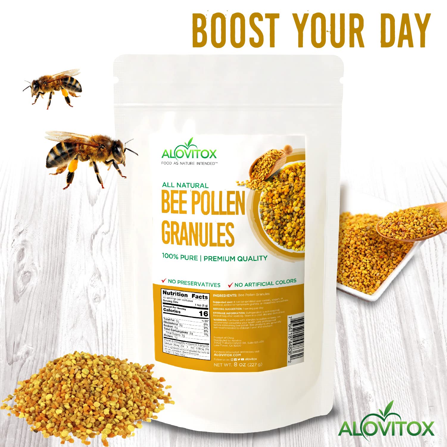 Sprinkled over oats for a vitamin-rich breakfast boost with Alovitox Bee Pollen Granules.