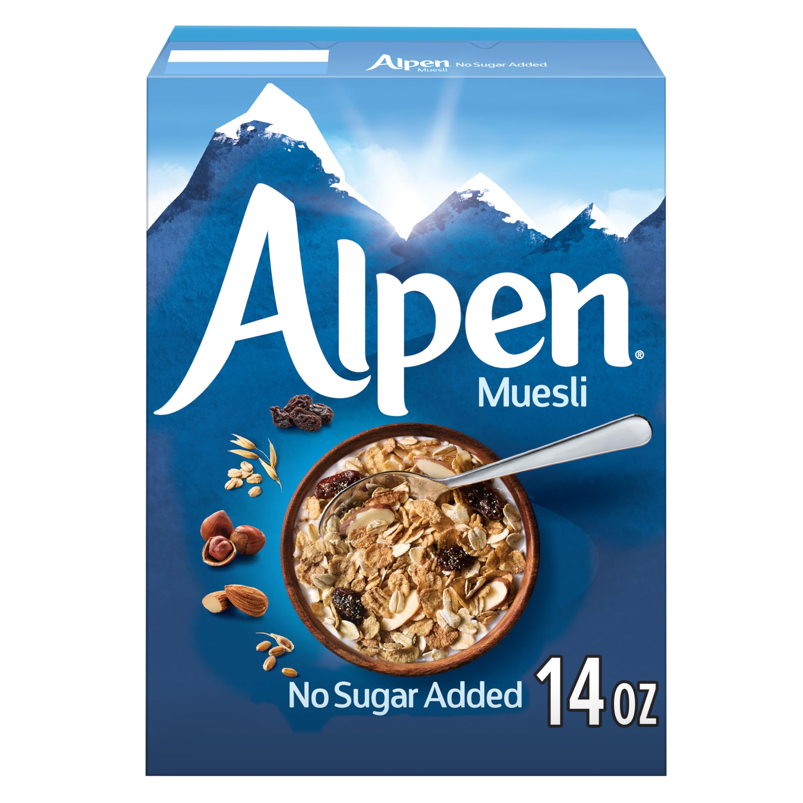 Alpen Muesli No Sugar Added in a bowl, fiber-rich breakfast.