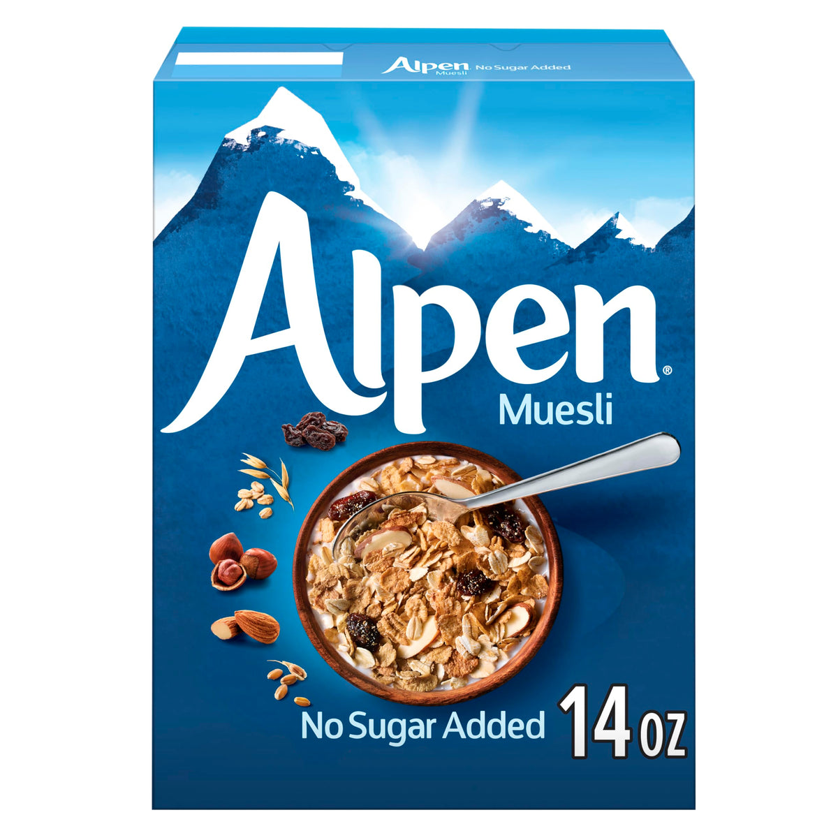 Alpen Muesli No Sugar Added in a bowl, fiber-rich breakfast.