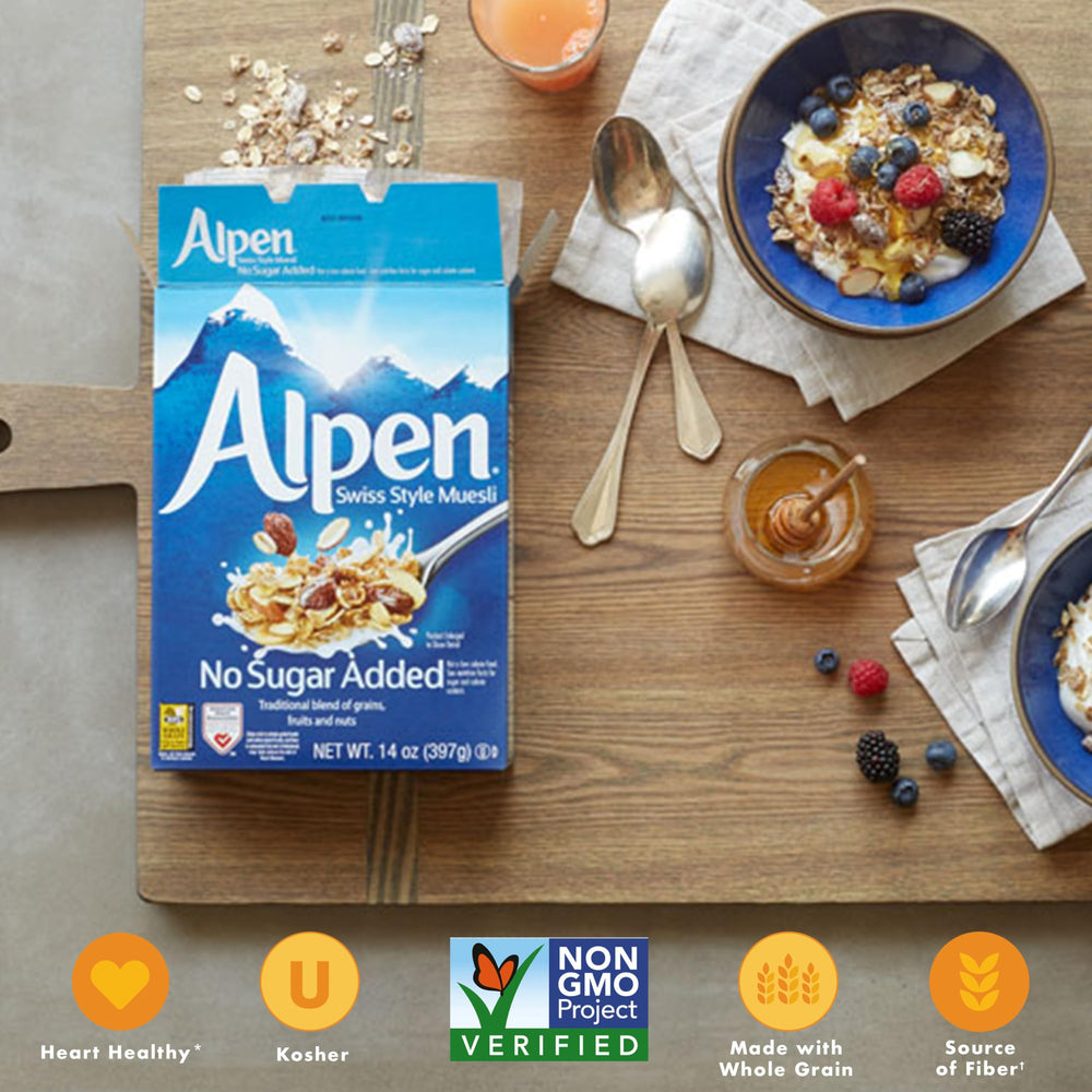 Alpen Muesli No Sugar Added raisins offer natural sweetness.