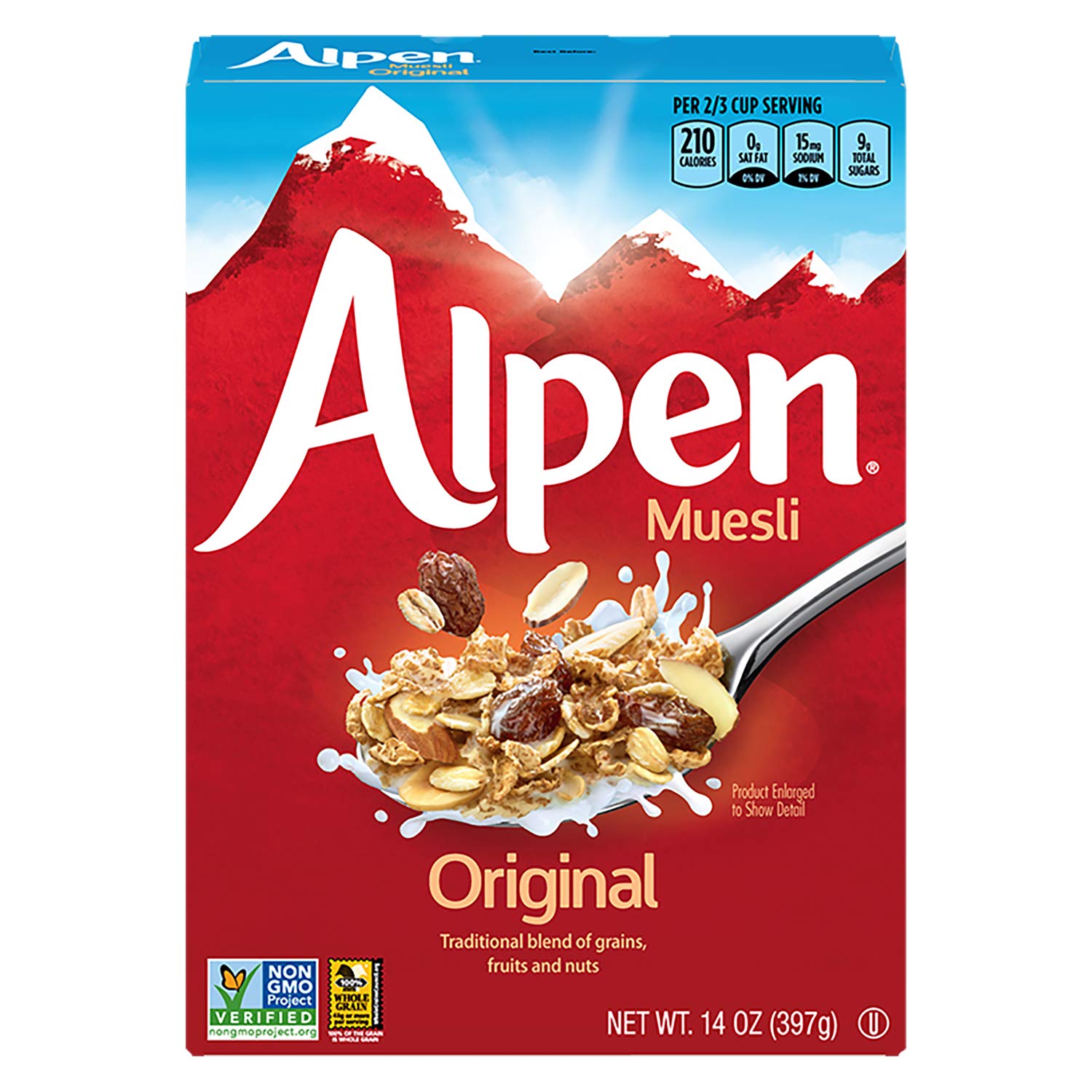 Alpen Original Muesli bowl with milk showing whole grains and nuts for a hearty breakfast.