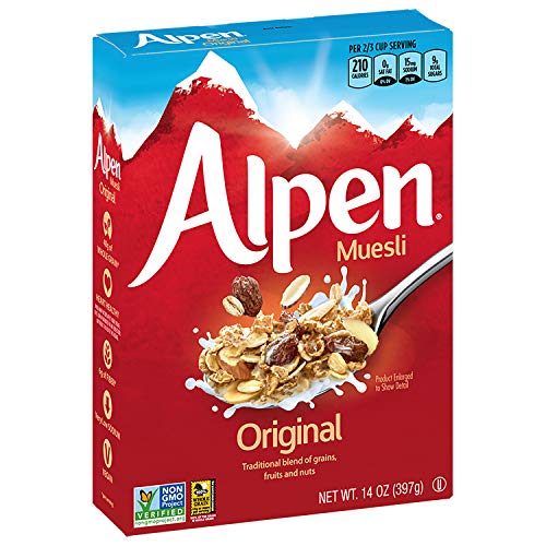 Alpen Original Muesli box shows Non-GMO, vegan, kosher certifications.