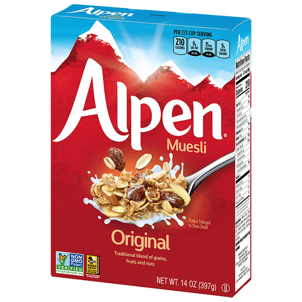 Alpen Original Muesli packaging from 100% recycled paperboard.