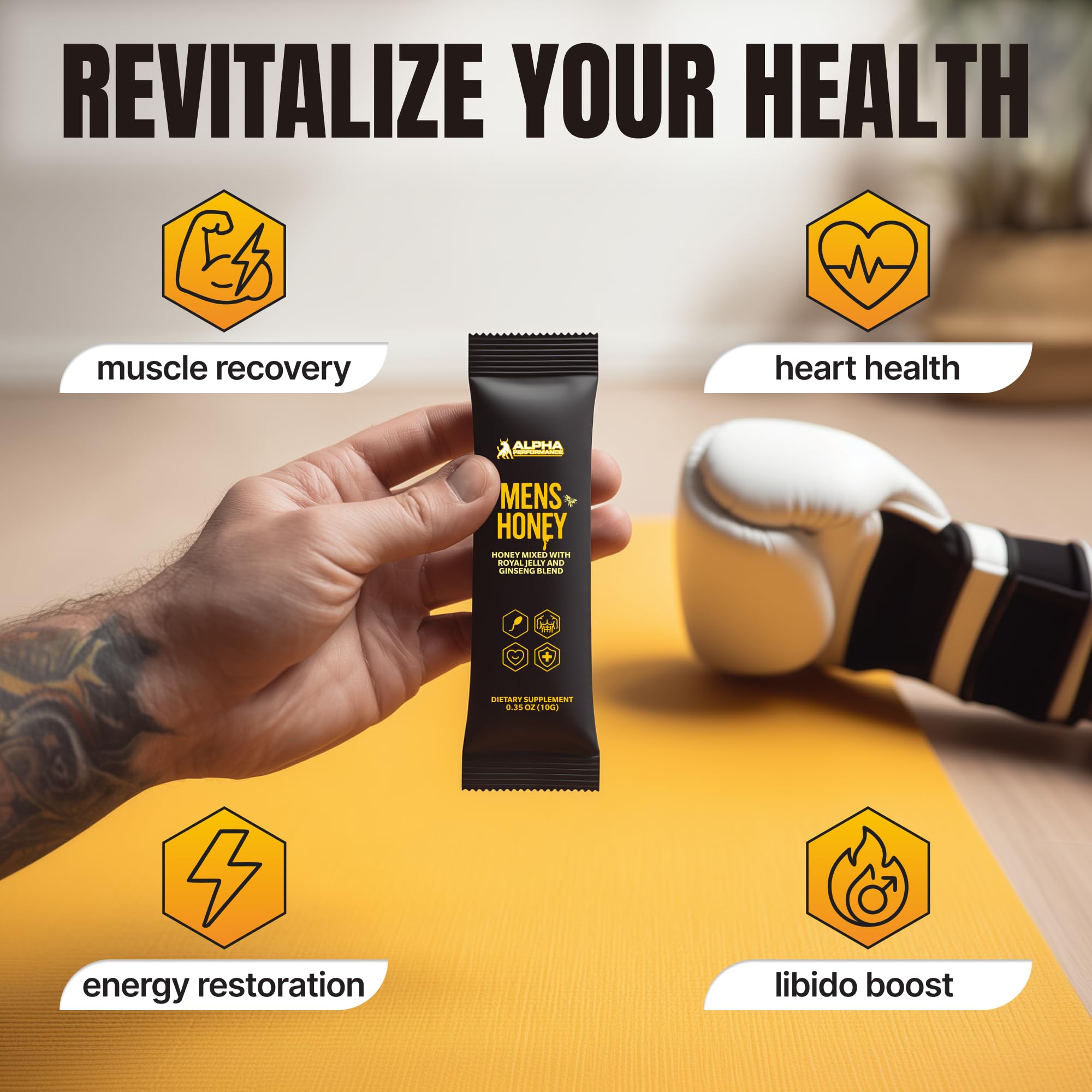 Alpha Performance Royal Jelly Honey for Men 24-pack packaging shown for everyday energy