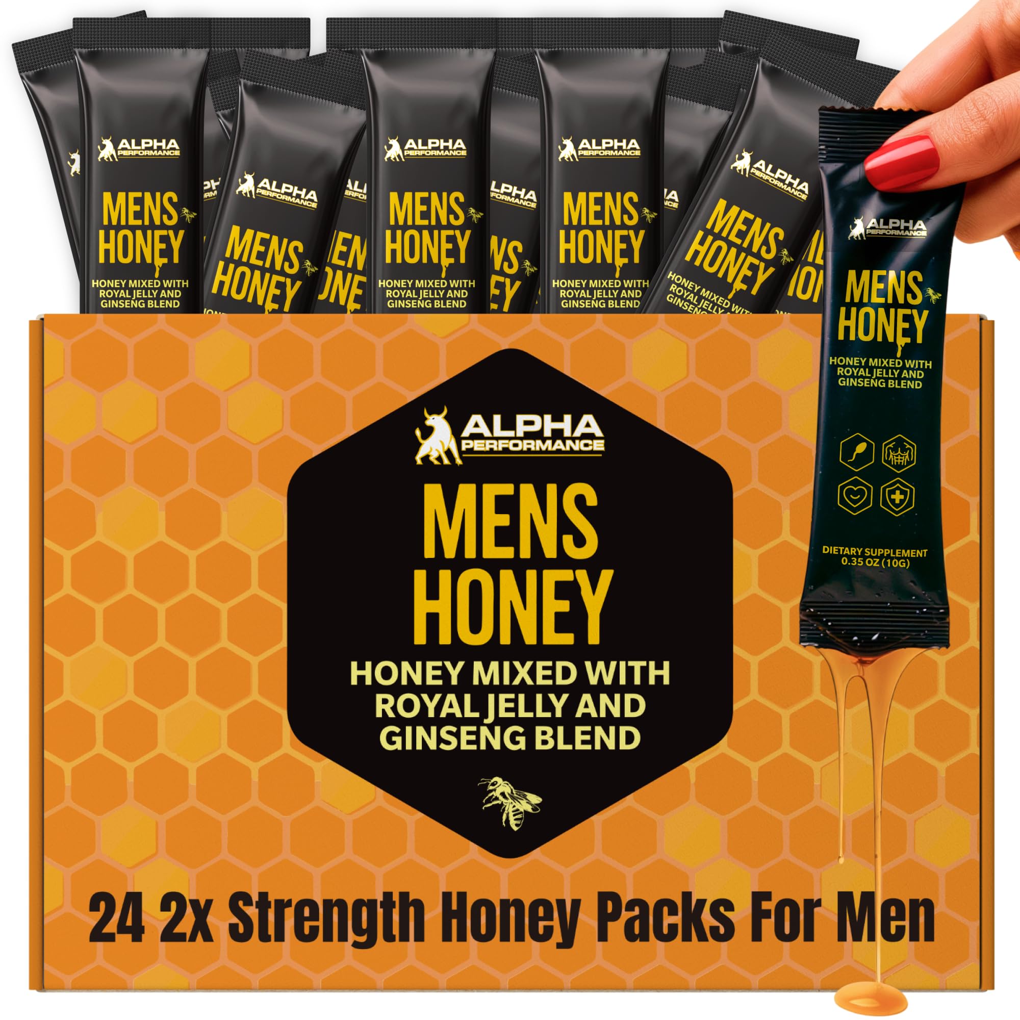 Alpha Performance Royal Jelly Honey for Men bottle and sachets on desk for quick energy
