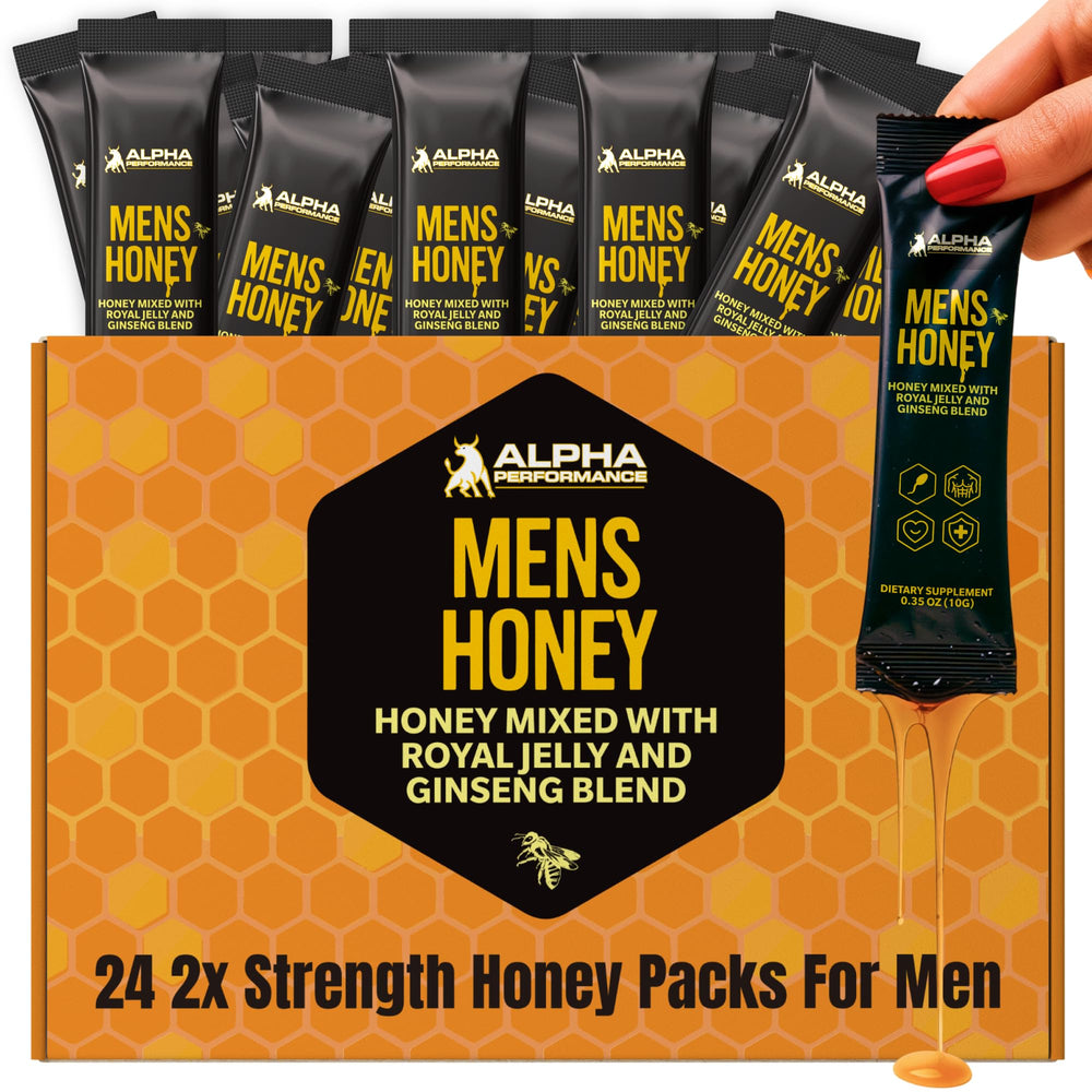 Alpha Performance Royal Jelly Honey for Men bottle and sachets on desk for quick energy
