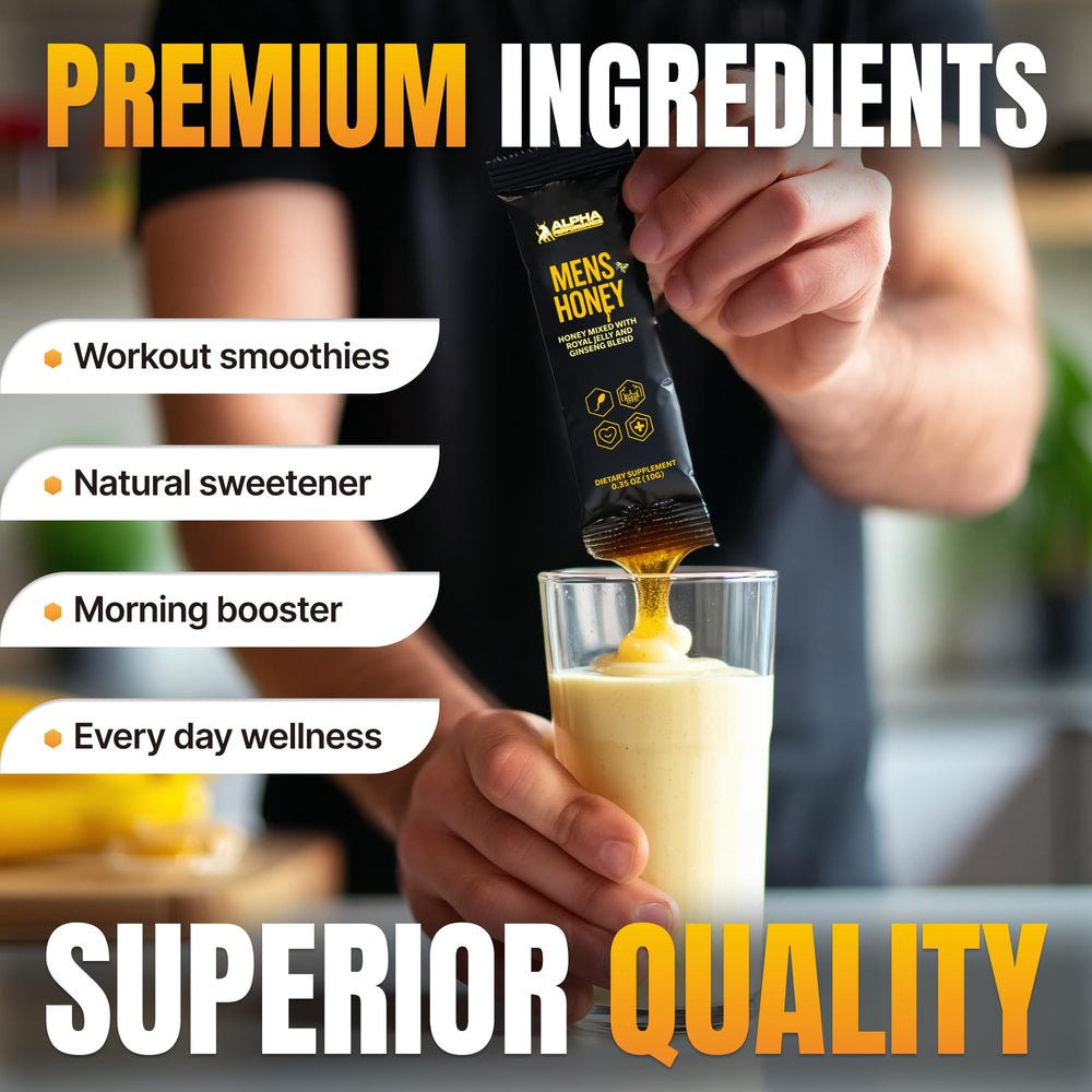 Alpha Performance Royal Jelly Honey for Men herbal blend icon on label, signaling natural energy