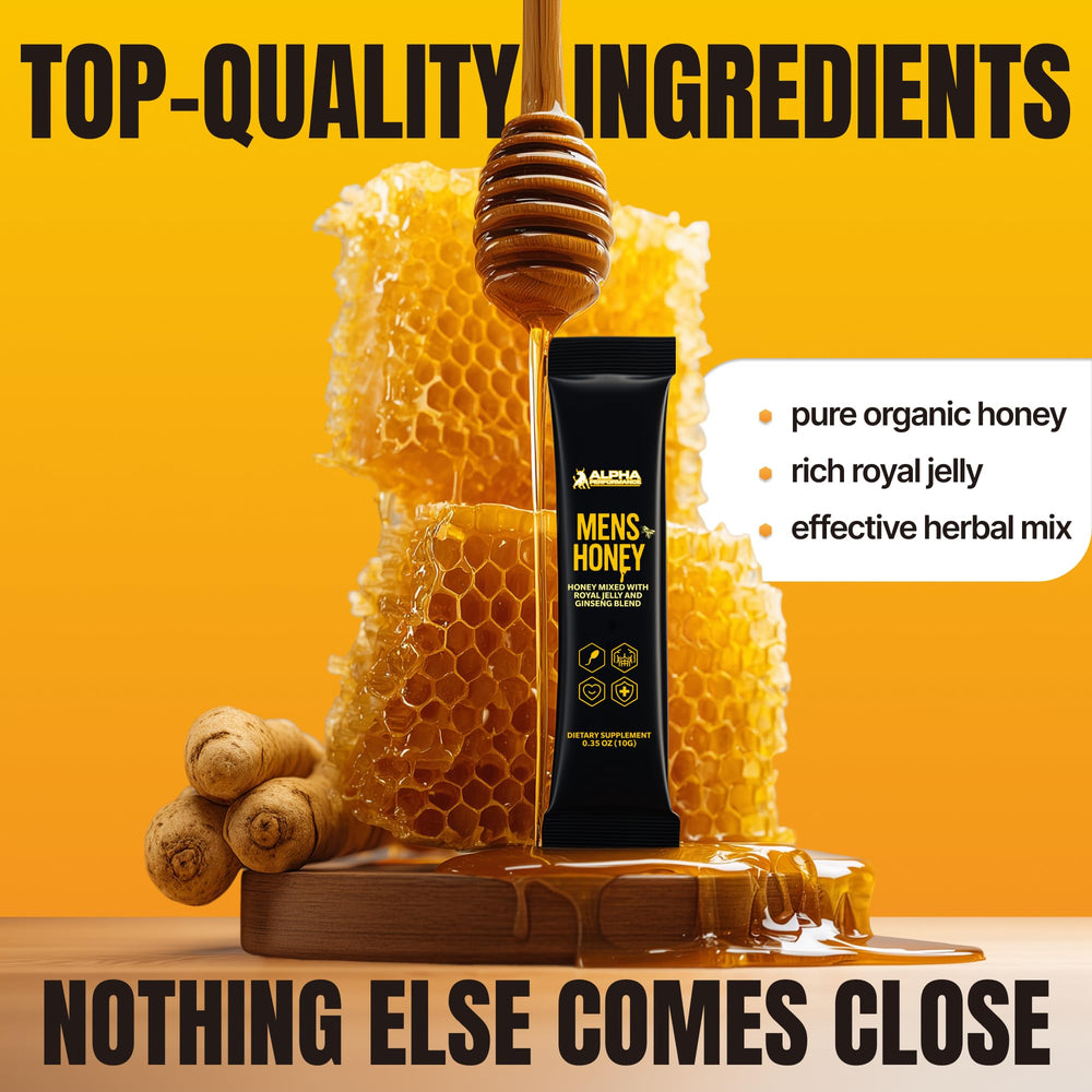 Alpha Performance Royal Jelly Honey for Men sachets close-up label highlighting organic formula