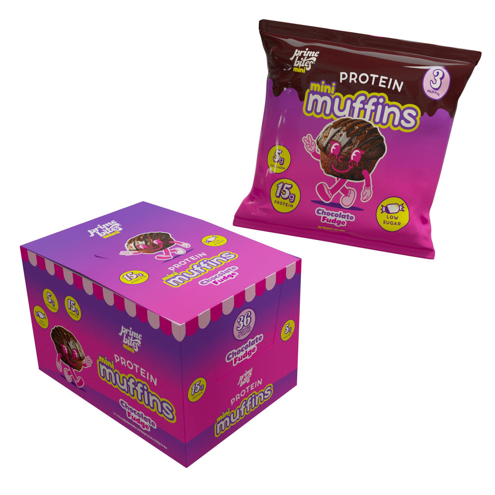 Alpha Prime Bites Minis chocolate fudge muffin, high-protein on-the-go snack.