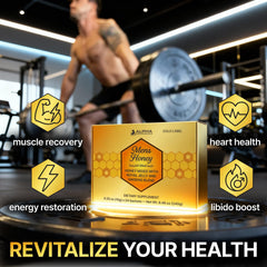 Alpha Performance Mens Gold Honey label closeup highlights no added sugar.