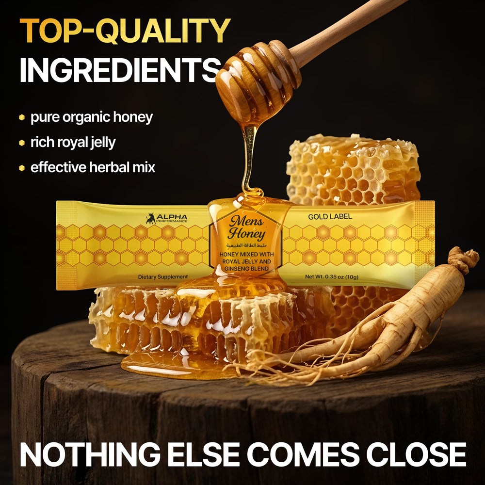 Alpha Performance Mens Gold Honey sachet in hand for on-the-go stamina.