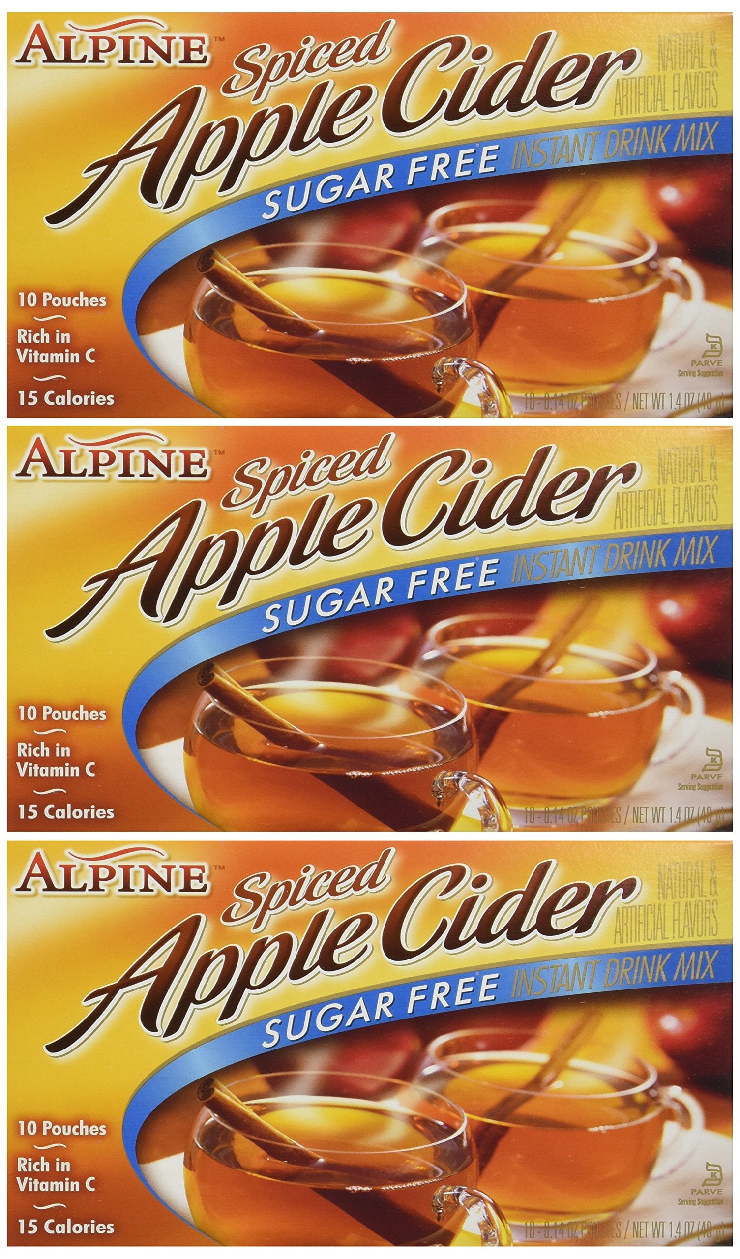 Alpine Spiced Cider box with three sugar-free packets for easy mixing.