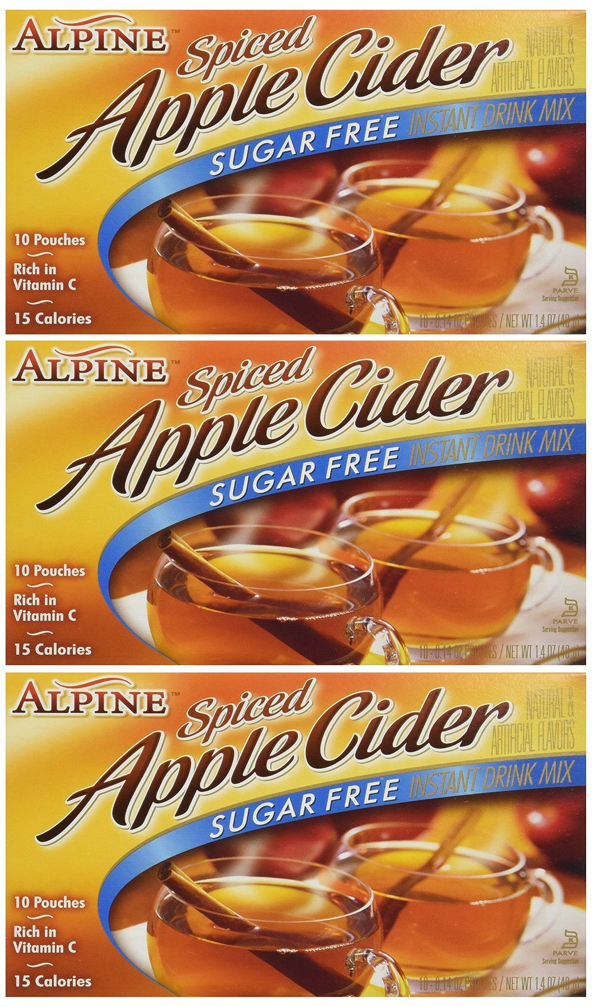 Alpine Spiced Cider box with three sugar-free packets for easy mixing.