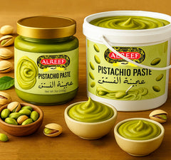 Alreef Pistachio Paste close-up texture for bread spread or ice cream.