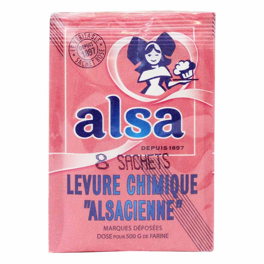Alsa baking powder sachets pink pack for quick cake leavening.