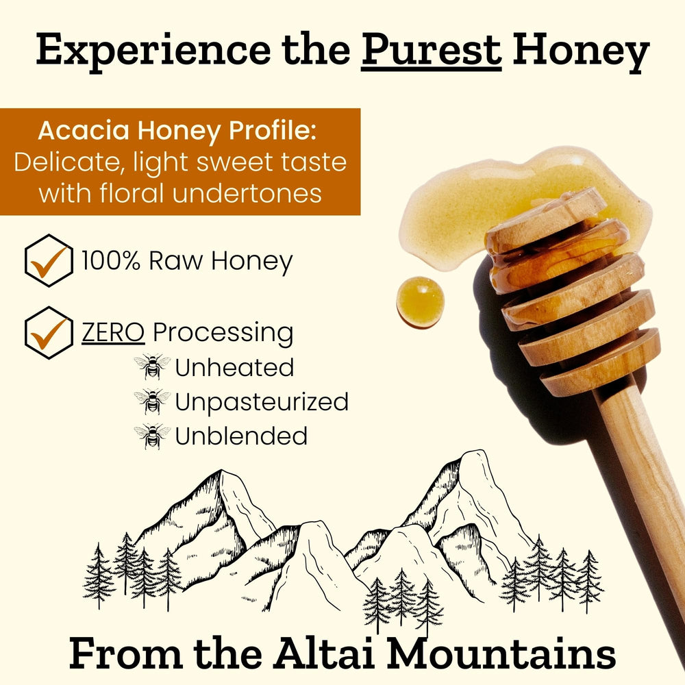 Altay Meadows Acacia Honey displays amber color and delicate aroma, a natural sweetener.